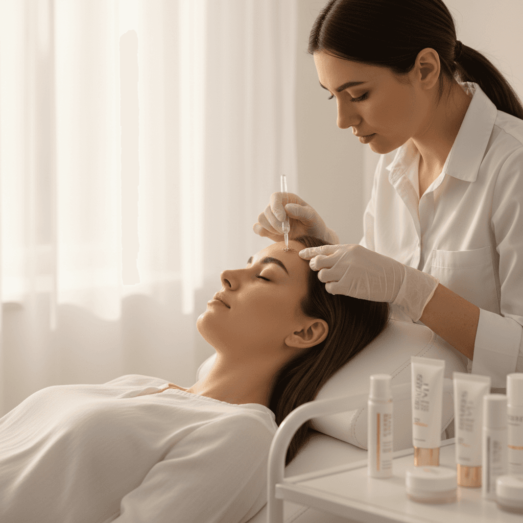 Brow lamination treatment being applied by specialist under natural light