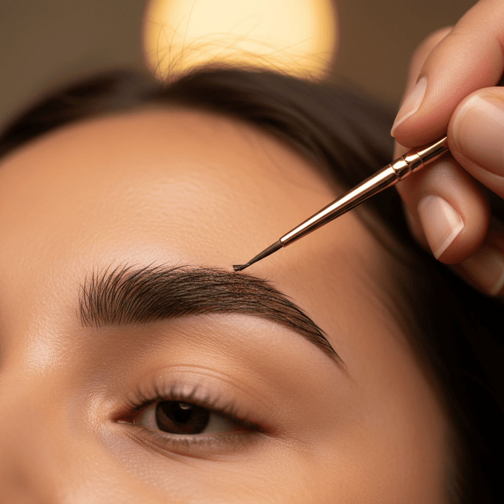 Specialist applying brow tint with precision brush during color treatment