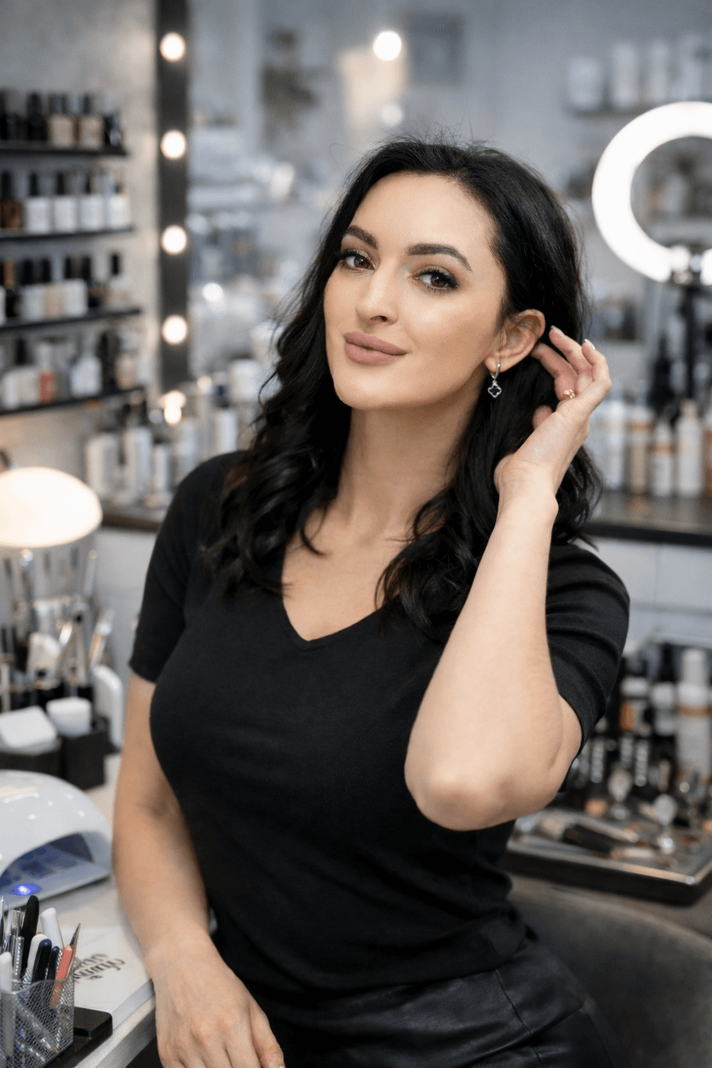 Woman with dark wavy hair posing in a black shirt inside a professional beauty salon.