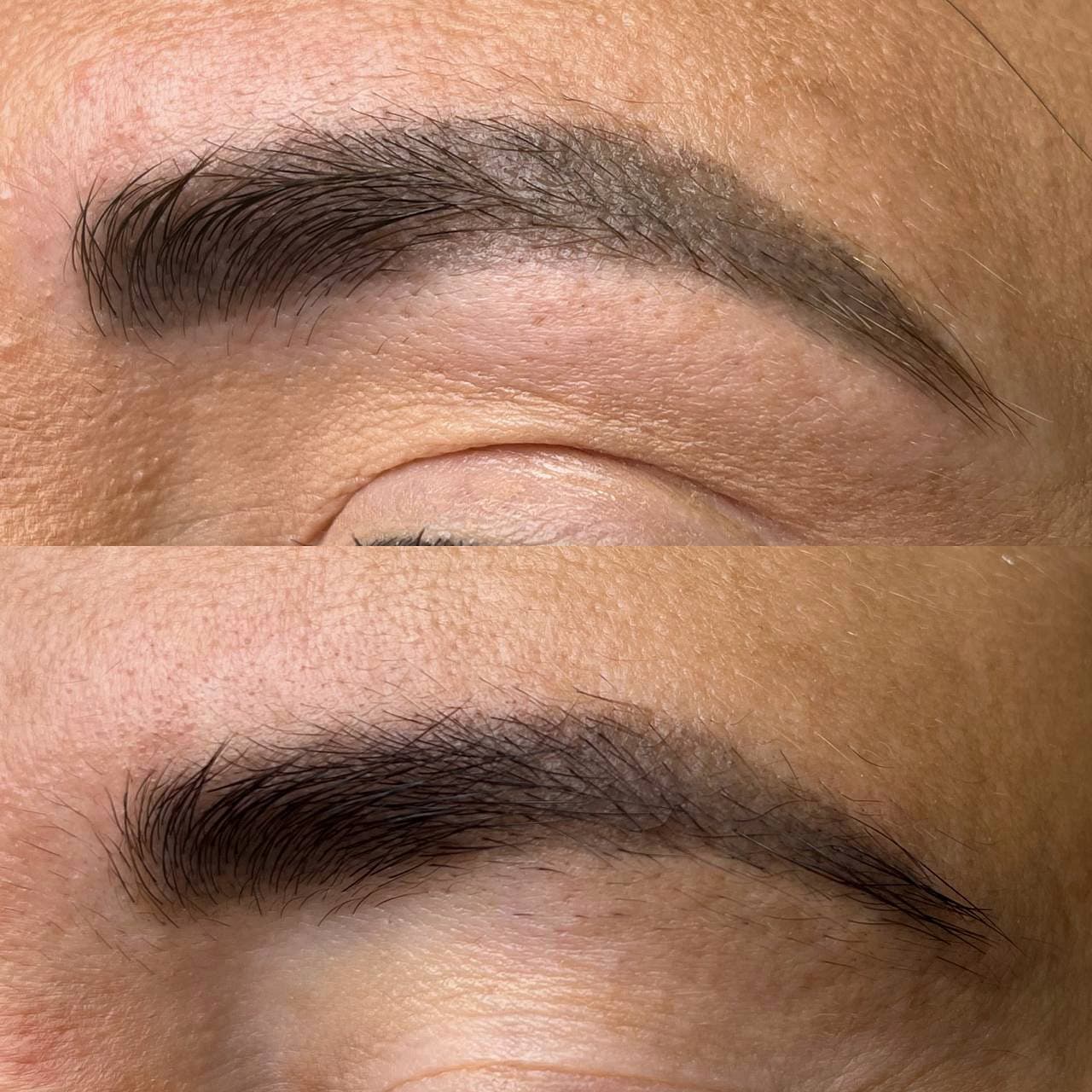 Before and after comparison of eyebrow microblading, showing a more defined, fuller, and darker brow.