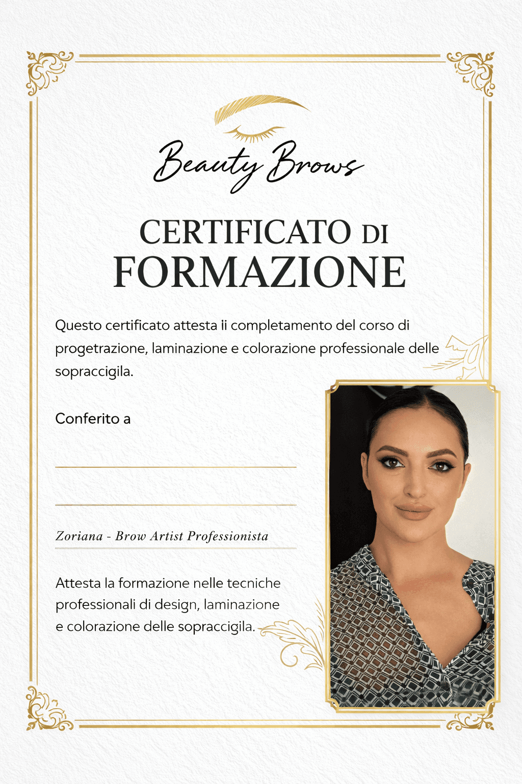 Beauty Brows training certificate for professional eyebrow design, lamination, and coloring featuring a portrait.
