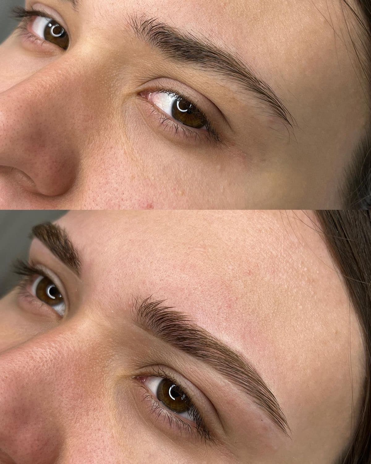 Before and after close-up of eyebrows showing a transformation from natural to fuller, defined brows.