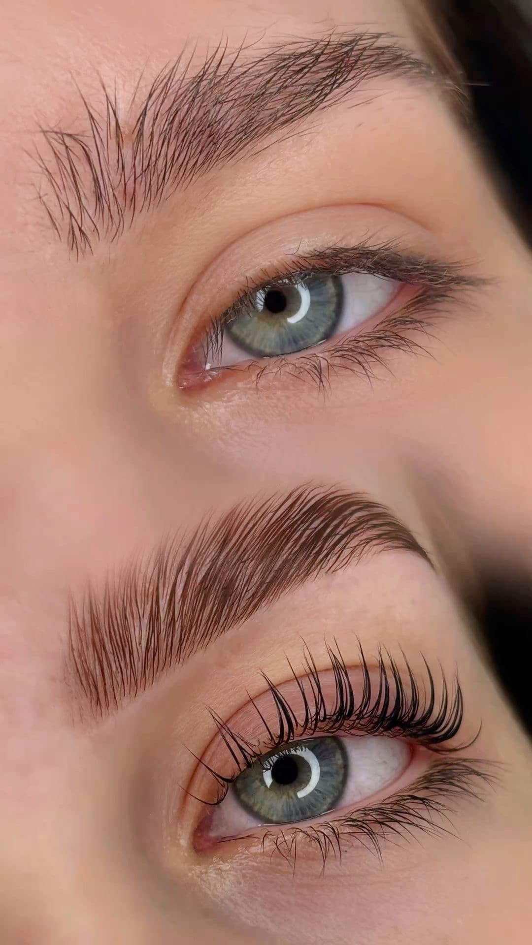 Close-up comparison of natural eyebrows and lashes versus laminated brows and lifted, tinted eyelashes.