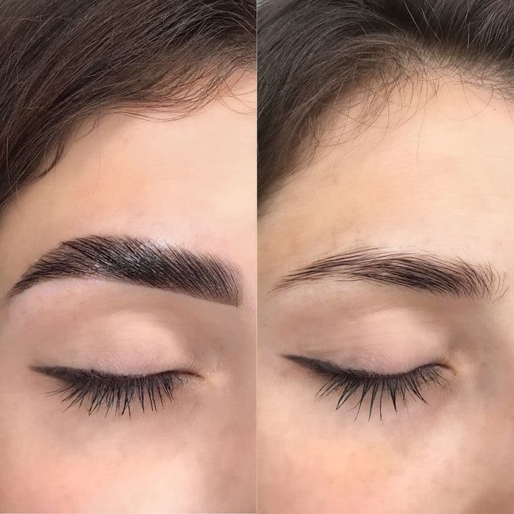 Side-by-side comparison of a natural eyebrow and a fuller, darker, more defined brow.