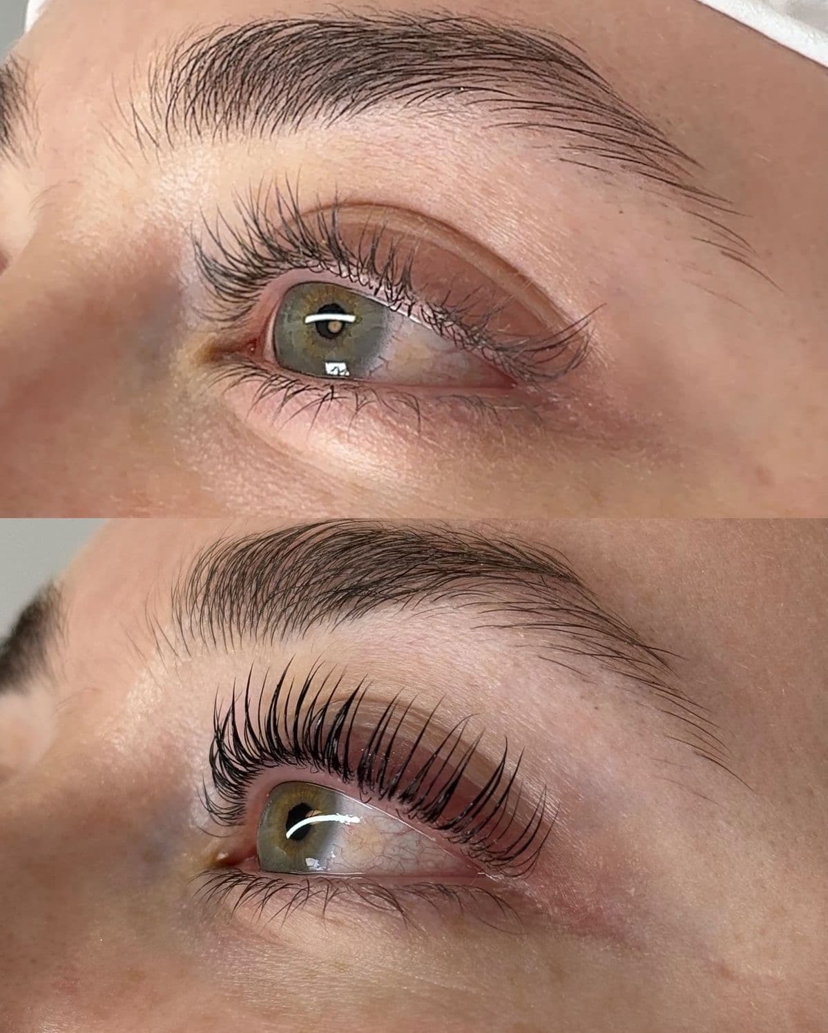 Before and after comparison of eyelashes showing a dramatic lift, curl, and darker tint.