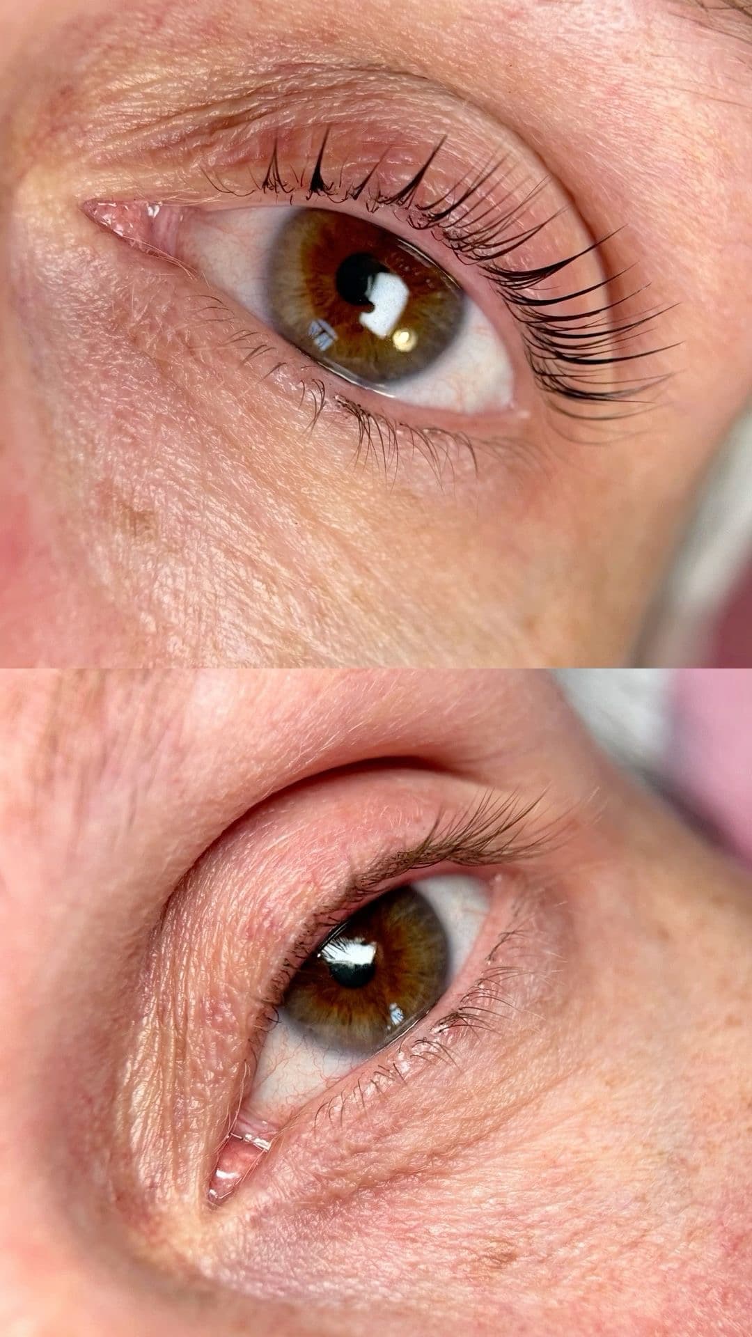 Close-up comparison of a brown eye before and after a lash lift and tint.