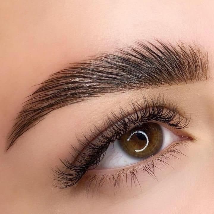 Close-up of a brown eye with long lashes and a thick, laminated dark eyebrow.
